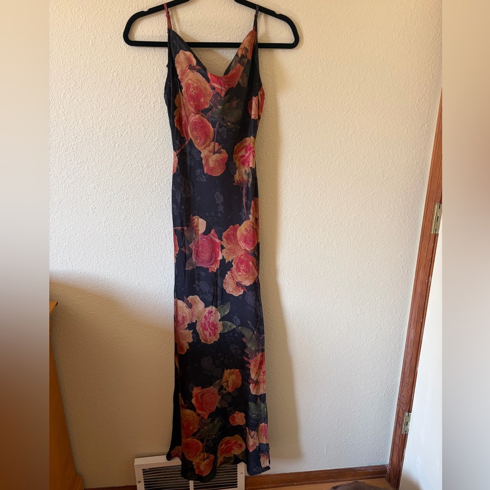 Vici Black Slip Maxi Dress with Pink & Peach Rose Print Size XS